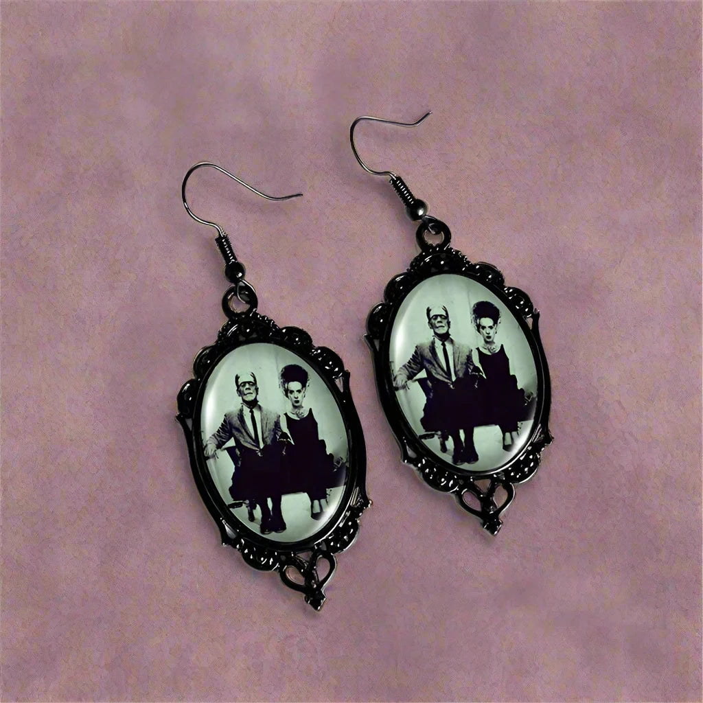 Frankenstein and His Bride Black Lace Earrings in Oval Glass