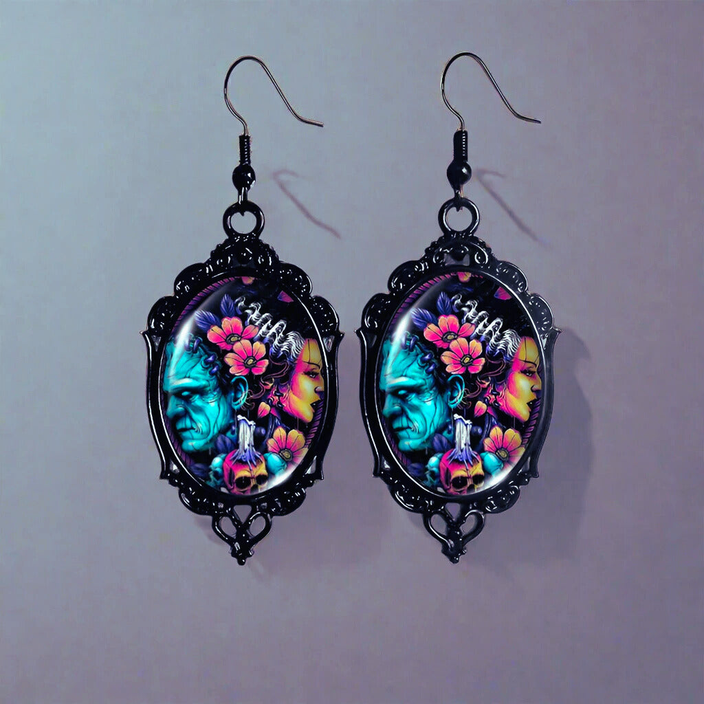 Frankenstein and His Bride Black Lace Earrings in Oval Glass