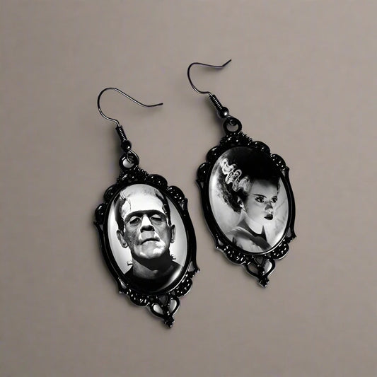 Frankenstein and His Bride Black Lace Earrings in Oval Glass