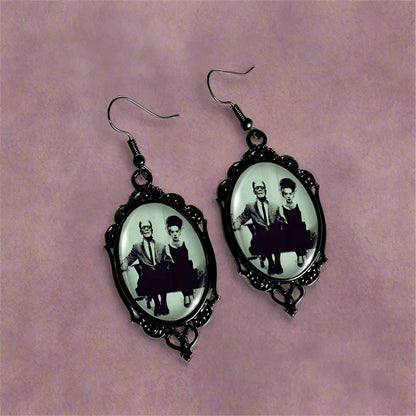 Frankenstein and His Bride Black Lace Earrings in Oval Glass