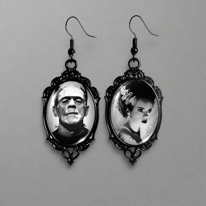 Frankenstein and His Bride Black Lace Earrings in Oval Glass