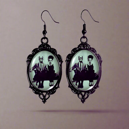 Frankenstein and His Bride Black Lace Earrings in Oval Glass