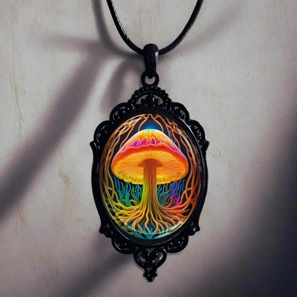 Mushroom of Life: Black Framed Glass Pendant